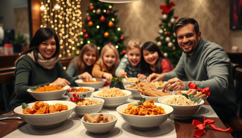 A cozy dining scene featuring a well-organized table set for a festive Panda Express meal during Christmas. In the foreground, prominently displayed are colorful dishes like orange chicken, fried rice, and spring rolls in elegant bowls, with festive decorations like holly and red ribbons. The middle ground includes a cheerful family gathered around the table, dressed in casual yet tidy clothing, smiling and reaching for the food. Soft, warm lighting emanates from fairy lights in the background, creating a welcoming glow. The background features a tasteful holiday-themed backdrop with a Christmas tree adorned with ornaments. The overall atmosphere is joyful and inviting, emphasizing the spirit of celebration and togetherness during the holiday season.