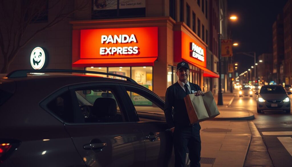A cozy nighttime scene outside a Panda Express restaurant, illustrating the concept of delivery as it approaches closing time. In the foreground, a delivery driver in a smart uniform stands beside a car filled with takeout bags, eagerly preparing to deliver the last orders. In the middle ground, the restaurant is illuminated warmly with soft lighting, showcasing its classic orange and red colors, with a few takeout customers visible at the counter. The background features the city street, softly glowing with streetlights and gently bustling traffic, hinting at the late hour. The atmosphere conveys a sense of urgency mixed with the warmth and comfort of a favorite dining experience, captured with a wide-angle lens to emphasize the environment.