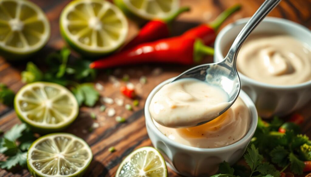 A delectable close-up of chipotle lime mayo in a small, elegant bowl, showcasing its creamy, thick texture infused with flecks of chipotle pepper and zesty lime. In the foreground, a spoon elegantly dips into the mayo, catching the light to highlight its glossy sheen. Surrounding the bowl, a vibrant array of fresh ingredients such as sliced limes, whole chipotle peppers, and a sprinkle of cilantro create a beautiful, inviting composition. The background features a rustic wooden kitchen table, softly blurred to enhance the focus on the mayo. The lighting is warm and natural, casting gentle shadows that evoke a cozy, culinary atmosphere. The overall mood is inviting and appetizing, ideal for inspiring readers to explore flavor variations.