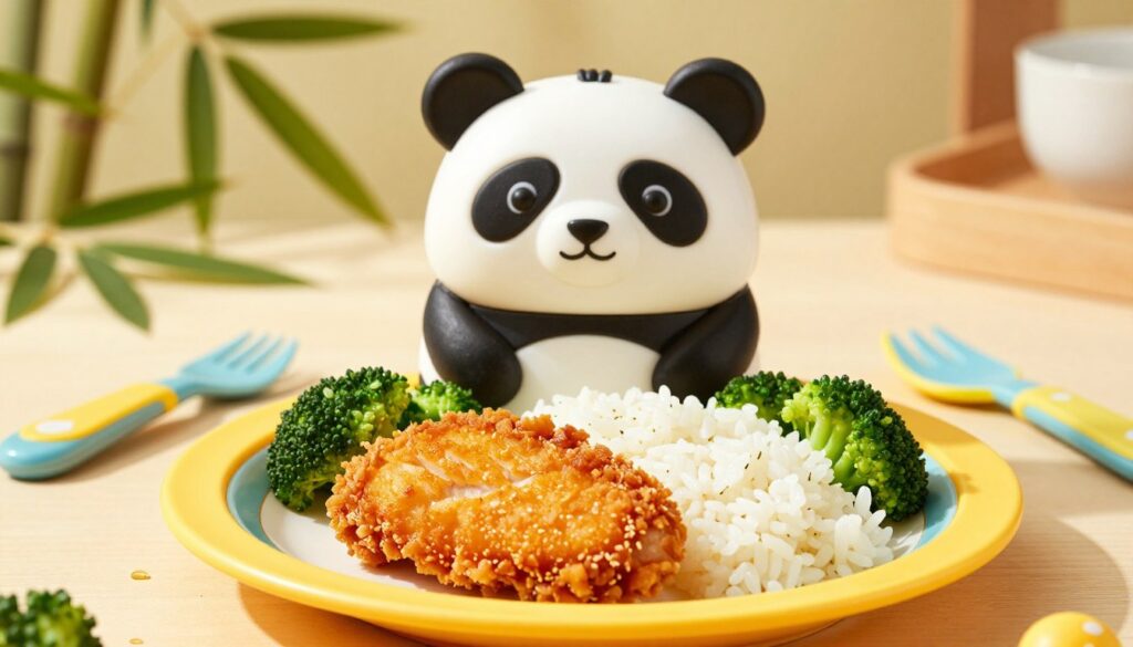 A delightful Panda Express Kids Meal beautifully presented on a vibrant, colorful plate in the foreground, featuring a crispy orange chicken piece, steamed rice, and a side of broccoli. The middle layer includes an adorable panda-shaped container, emphasizing the child-friendly nature of the meal, surrounded by small, playful utensils designed for kids. In the background, softly blurred bamboo leaves evoke a cheerful Asian atmosphere, adding a touch of nature. The scene is illuminated with warm, inviting lighting, creating a cozy, uplifting mood. Shot with a close-up angle, focusing on the meal details while maintaining a playful and cheerful setting suitable for a family-friendly dining experience.