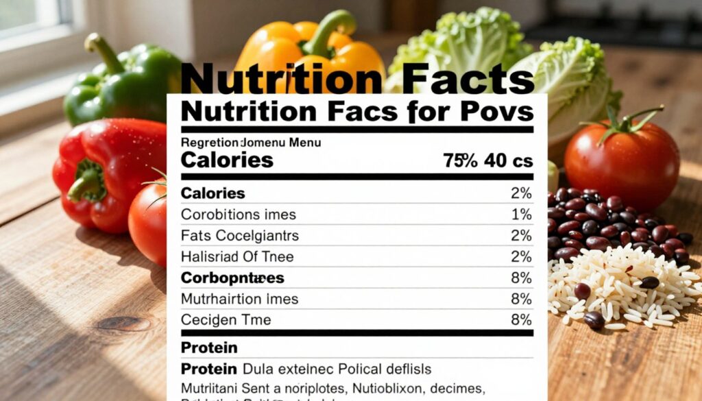 A detailed and visually appealing nutrition facts label, highlighting specific nutritional information typical of a Chipotle menu. In the foreground, a well-organized nutrition facts chart with sections for calories, fats, carbohydrates, and protein displayed clearly. The middle ground features vibrant, fresh ingredients commonly used in Chipotle dishes, such as colorful peppers, tomatoes, beans, and rice, artfully arranged to catch the eye. The background consists of a subtle wooden table surface, enhancing a rustic yet modern atmosphere. Natural light streams from the left side, creating soft shadows that add depth to the scene. The image conveys a healthy, appetizing mood, ideal for illustrating nutrition information in a professional context.