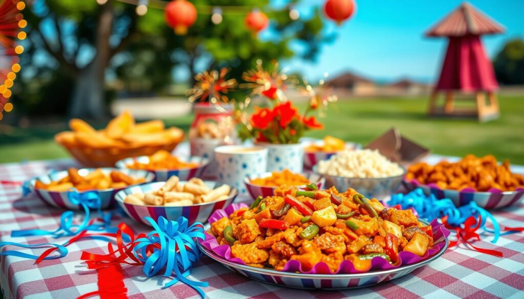 A festive table setting featuring a variety of alternative fast food meal options, arranged neatly for a holiday celebration. In the foreground, a beautifully arranged platter of orange chicken, chow mein, and colorful vegetable stir-fry, surrounded by vibrant paper decorations like red and blue streamers. In the middle, a selection of side dishes such as fried rice and egg rolls, with a cheerful centerpiece of fireworks-themed dessert cups. The background showcases soft, warm lighting to create a cozy and inviting atmosphere, with an outdoor picnic setting under a clear blue sky. The scene captures a sense of community and joy, perfect for a festive holiday meal gathering.