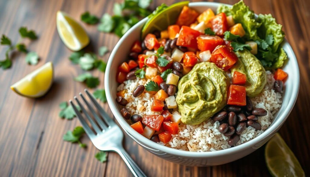 A meticulously arranged burrito bowl overflowing with vibrant and fresh ingredients, including fluffy rice, flavorful beans, diced tomatoes, crisp lettuce, and creamy guacamole, presented in a stylish white ceramic bowl. In the foreground, the bowl is prominently displayed, with a fork next to it, glistening under soft, natural lighting that enhances the colorful textures of the food. In the middle ground, scattered cilantro leaves and lime wedges add a pop of fresh color, while a subtle rustic wood table provides a warm background. The atmosphere is inviting and appetizing, evoking a sense of healthy indulgence. The composition is shot from a slight top-down angle, allowing a clear view of the layered ingredients, while ensuring the image remains vibrant and appetizing.