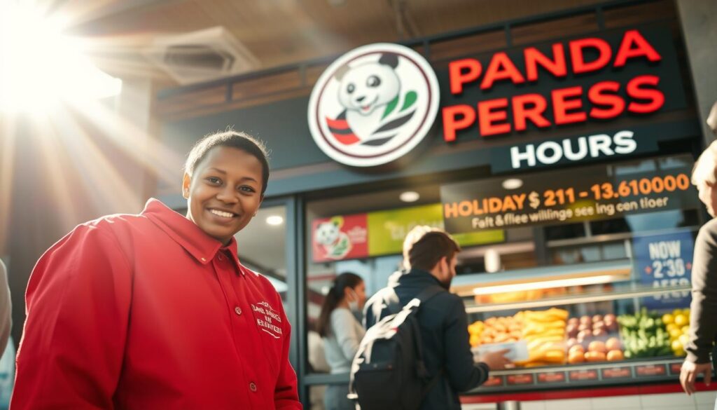 A modern Panda Express restaurant exterior during daylit hours, showcasing a welcoming and vibrant atmosphere. In the foreground, a well-dressed employee is happily serving customers, dressed in a crisp red uniform. The middle ground features a colorful display of the restaurant’s famous orange chicken and colorful, fresh vegetables. In the background, the restaurant's sign clearly indicates its regular operating hours. Sunlight floods the scene, creating a warm and inviting glow. The composition is shot at eye level, focusing on the interaction between staff and customers, conveying a sense of community and approachability. The mood is cheerful and inviting, emphasizing the contrast between regular and holiday hours without indicating any specific holidays.