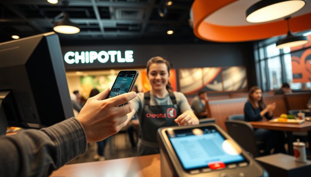 A modern, bustling Chipotle restaurant interior, featuring a cash register where a customer is using Apple Pay on their smartphone. In the foreground, showcase a close-up of the customer's hand holding the phone close to the payment terminal, displaying the app interface clearly. The middle ground should depict a friendly employee in a Chipotle uniform, smiling at the customer, ready to assist. The background should include colorful decor typical of Chipotle, with customers enjoying their meals at tables. Soft, warm lighting enhances the inviting atmosphere, captured from a slightly lower angle to emphasize the action of the transaction. The scene conveys a sense of convenience and modernity, illustrating the seamless integration of technology in everyday dining experiences.