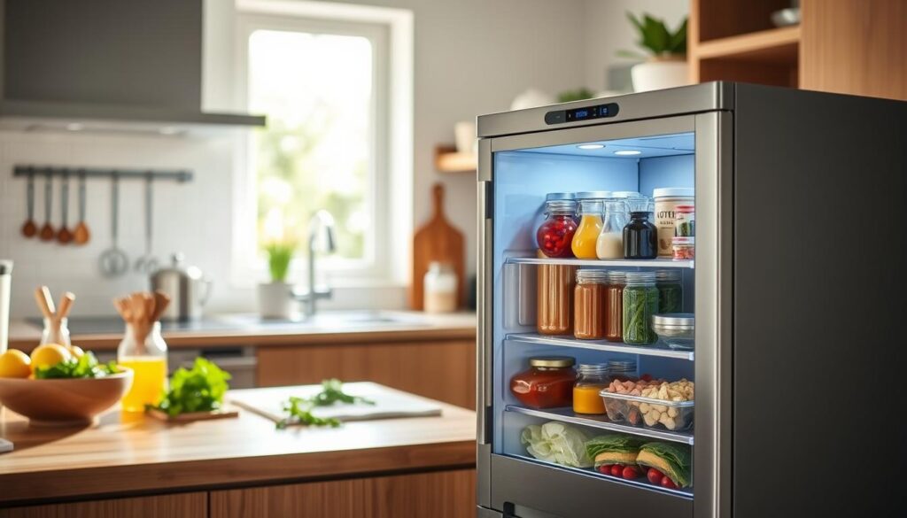 A modern kitchen scene featuring an airtight container fridge, placed prominently in the foreground. The fridge is sleek and silver, with transparent shelves displaying a variety of colorful ingredients, including chipotle peppers in adobo sauce and homemade vinaigrette in clear jars. In the middle ground, softly lit wooden countertops present utensils and fresh herbs, adding a touch of warmth. The background shows a well-organized kitchen with minimalistic decor, brightened by natural sunlight filtering through a window, creating a fresh and inviting atmosphere. The angle is slightly from above, emphasizing the contents of the fridge while keeping the overall composition clean and focused. The mood is vibrant and functional, ideal for inspiring culinary creativity.