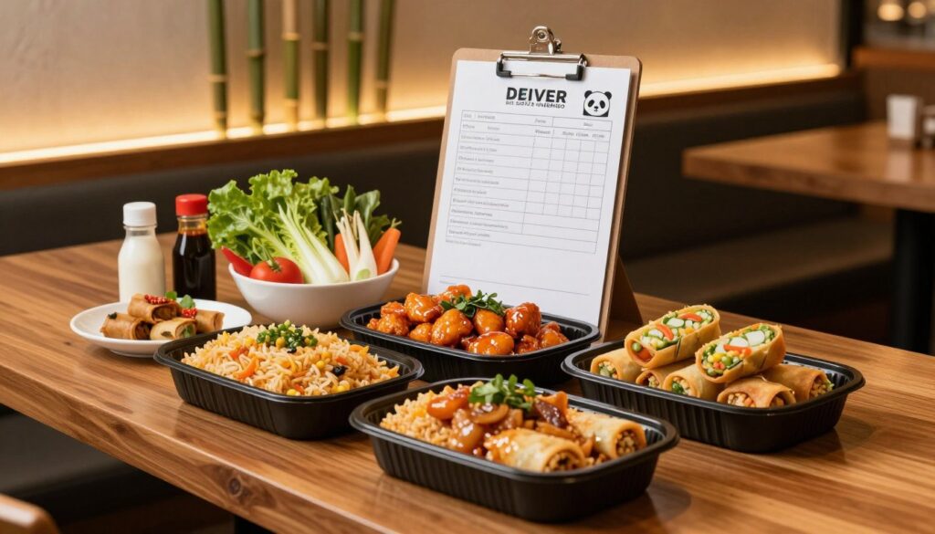 A modern restaurant setting showcasing a Panda Express catering order on a polished wooden table. In the foreground, an elegant spread of colorful dishes including fried rice, orange chicken, and spring rolls, beautifully arranged in catering trays. On the middle ground, a clipboard with a detailed order form displaying delivery and pickup information, neatly positioned beside fresh vegetables and sauces. In the background, a soft ambient light casts a warm glow over subtle bamboo decor, enhancing the inviting atmosphere. Capture the image from a slightly elevated angle to create depth, with a shallow depth of field focusing on the catering items while softly blurring the background details. The mood is vibrant and professional, perfect for illustrating business gatherings or events.