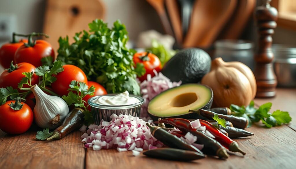 A rustic wooden countertop serves as the foreground for a vibrant arrangement of ingredients for a creamy chipotle sauce. Display an assortment of fresh, whole ingredients: ripe red tomatoes, a bulb of garlic, a bunch of cilantro, a plump avocado, and several chipotle peppers in adobo sauce. In the middle ground, include a small bowl of sour cream alongside a finely chopped red onion, all artistically positioned to create visual appeal. In the background, softly blurred kitchen utensils and a hint of a pepper mill suggest an inviting cooking space. The lighting is warm and inviting, with a natural light source illuminating the ingredients, creating soft shadows. The overall mood is homely and lush, emphasizing freshness and culinary creativity.