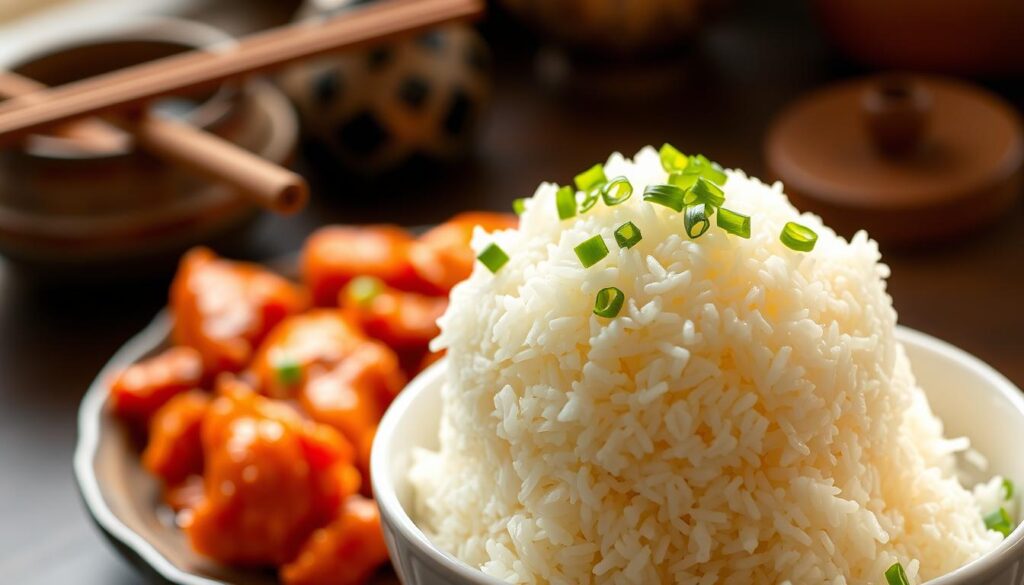 A serving of fluffy, perfectly cooked jasmine rice sits elegantly in a traditional white bowl, topped with a sprinkle of chopped green onions for freshness. The rice is steaming, invitingly white and slightly glossy, showcasing its individual grains. Surrounding the bowl, a vibrant plate of orange chicken glistens with a rich, tangy sauce. In the background, a softly blurred Asian kitchen setting features wooden chopsticks and a decorative platter, enhancing the takeout vibe. The image is illuminated by warm, natural lighting, creating a cozy and inviting atmosphere, as if ready to serve for a family dinner. Capture this scene from a slight overhead angle to emphasize the textures and colors, ensuring a home-cooked feeling reminiscent of enjoying takeout comfort food.