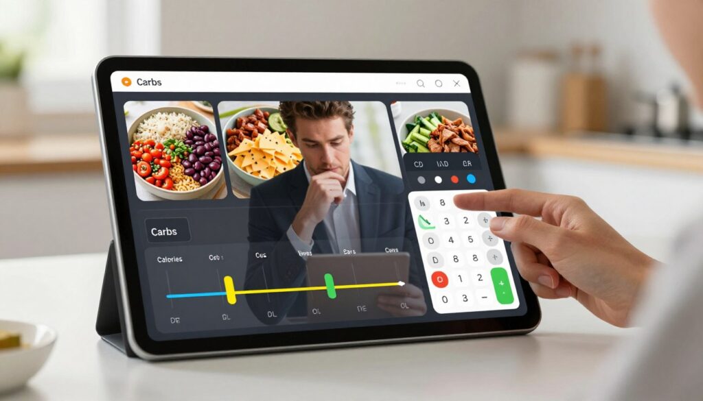 A sleek, modern nutrition calculator interface displayed prominently in the foreground, featuring colorful sliders for adjusting carbs, calories, and serving sizes. The display showcases vibrant food images, such as bowls of Chipotle ingredients like rice, beans, cheese, and meats arranged visually to highlight their nutritional value. In the middle, a subtle reflection of a person in business attire, thoughtfully analyzing the calculator on a digital tablet, exuding a sense of focus and professionalism. The background features a clean, minimalist kitchen setting with soft, natural light filtering through, creating a warm and inviting atmosphere. The image has a sharp focus on the calculator and the person, with a slightly blurred background to emphasize the usage of the tool.