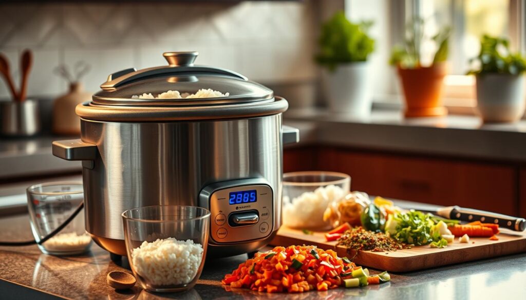 A sleek, modern rice cooker sits on a kitchen countertop, gracefully illuminated by warm, soft lighting that enhances its glossy finish. In the foreground, the rice cooker is prominently displayed, its lid slightly ajar, revealing fluffy, perfectly cooked rice inside. Next to it, a measuring cup filled with uncooked rice and a wooden spoon hint at the preparation process. In the middle ground, a cutting board with vibrant diced vegetables and spices adds a pop of color, indicating the ingredients for a flavorful Chipotle rice dish. The background features a cozy kitchen setting with a splash of greenery from potted herbs on the windowsill, creating a warm, inviting atmosphere. The image is captured from a slightly elevated angle, allowing a clear view of both the rice cooker and the ingredients, evoking a sense of culinary inspiration and ease.