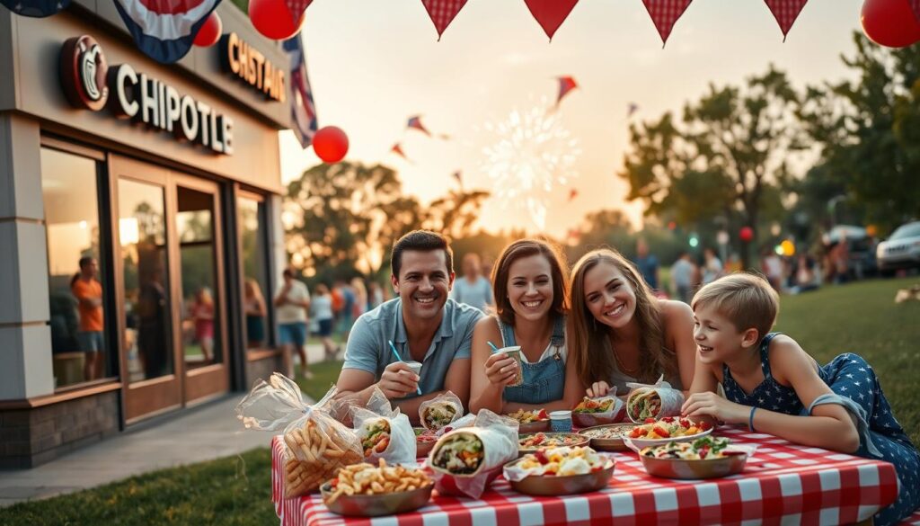 A vibrant July 4th celebration scene prominently featuring a Chipotle restaurant in the foreground, decorated with red, white, and blue banners and balloons. In the middle ground, a cheerful family of four, dressed in modest casual clothing, gathers around a picnic table filled with Chipotle dishes, enjoying freshly wrapped burritos and colorful sides. The background showcases a sunny park setting with people enjoying a summer day, flying kites and watching a dazzling fireworks display beginning in the twilight sky. Capture the warm, festive atmosphere with soft golden-hour lighting enhancing the scene's joy. Use a wide-angle lens to portray the lively environment and the close connection between family and food, emphasizing a sense of community and celebration.