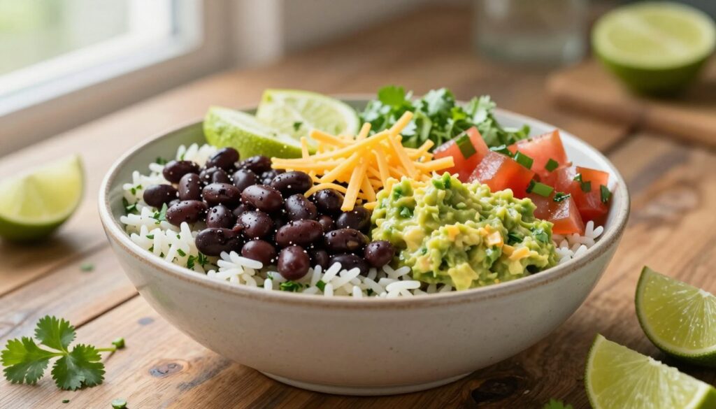 A vibrant and appetizing burrito bowl filled with colorful ingredients. In the foreground, the bowl is overflowing with fluffy cilantro-lime rice, hearty black beans, fresh pico de gallo, creamy guacamole, and a scattering of shredded cheese. The middle ground features a rustic wooden table, emphasizing the bowl's depth and texture. In the background, soft natural light shines through a nearby window, creating a warm and inviting atmosphere. An air of freshness is conveyed with hints of chopped cilantro and lime wedges artfully arranged around the dish. The focus is sharp on the burrito bowl, highlighting its details and vibrant colors, while the background remains softly blurred to enhance the focal point.