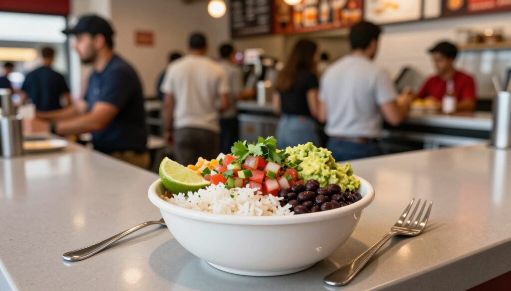 A vibrant and appetizing burrito bowl placed on a sleek, modern counter. The bowl features a colorful assortment of ingredients, including fluffy white rice, black beans, fresh pico de gallo, creamy guacamole, and a sprinkle of cilantro, all topped with a lime wedge. In the foreground, a neatly arranged fork rests beside the bowl, suggesting readiness for enjoyment. In the middle background, a busy Chipotle restaurant with customers in casual yet neat clothing is visible, creating a bustling atmosphere. Soft, warm lighting enhances the inviting nature of the food, while a shallow depth of field focuses sharply on the burrito bowl, blurring the background slightly to emphasize the dish. The overall mood is casual and friendly, indicative of a popular dining spot.