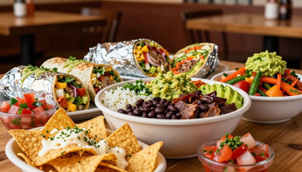 A vibrant and appetizing display of Chipotle's secret menu items, focusing on a beautifully arranged burrito bowl overflowing with fresh ingredients like cilantro-lime rice, black beans, barbacoa, fajita veggies, and guacamole. In the foreground, highlight crispy tortilla chips sprinkled with queso and a side of fresh pico de gallo. In the middle ground, include a colorful array of burritos wrapped in foil, with some sliced open to reveal layers of ingredients. The background features a warm and inviting Chipotle restaurant setting, with soft, natural lighting that casts a cozy glow over the food. The scene evokes a sense of excitement and community centered around the enjoyment of delicious, hidden culinary treasures. Ideal for an enticing food article.