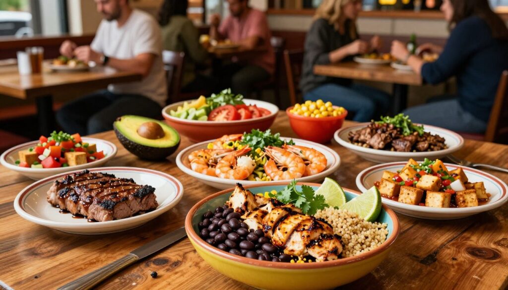 A vibrant and appetizing display of various high-protein meals inspired by a Chipotle restaurant menu. In the foreground, a colorful bowl filled with grilled chicken, black beans, and quinoa garnished with fresh cilantro and lime wedges. To the side, a selection of extra protein options like steak, shrimp, and diced tofu in small, neatly arranged plates. In the middle, a rustic wooden table adorned with fresh ingredients like avocados, tomatoes, and corn salsa, conveying a healthy, fresh atmosphere. The background features a warm, softly-lit restaurant ambiance with blurred patrons enjoying their meals, enhancing the inviting vibe. The overall mood is energetic and wholesome, focusing on nutritious, protein-rich choices. The image should be captured with a shallow depth of field to highlight the food.
