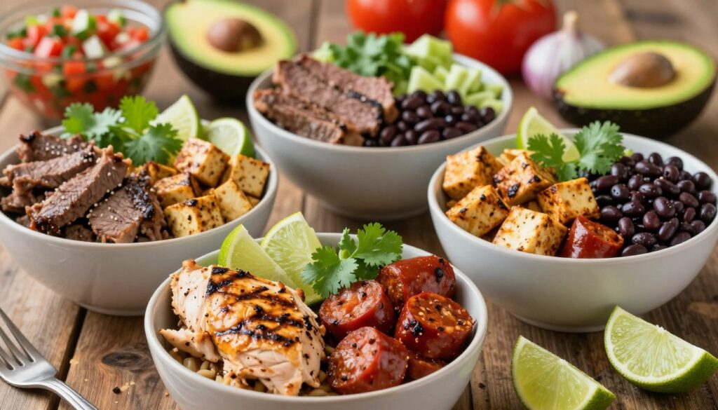 A vibrant and appetizing display of various protein options suitable for a Chipotle bowl, arranged artfully on a rustic wooden table. In the foreground, succulent grilled chicken, spicy chorizo, and tender steak share space with colorful plant-based proteins like grilled tofu and black beans, all garnished with fresh cilantro and lime wedges. The middle ground features bowls filled with the proteins, showing both meat and plant-based varieties side by side, highlighting their textures and colors. In the background, softly blurred ingredients like ripe avocados, chopped tomatoes, and onions hint at a spicy salsa preparation. The scene is warmly lit, with a focus on natural hues, evoking an inviting and hearty atmosphere that emphasizes healthy eating, all captured with a shallow depth of field to keep attention on the proteins.