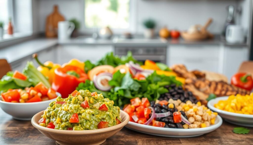 A vibrant and balanced spread of nutritious foods emphasizing dietary needs and allergens, set on a wooden table. In the foreground, a colorful bowl of fresh guacamole, diced tomatoes, and corn salsa represents healthy toppings. The middle features a beautiful array of vegetables like bell peppers, onions, and leafy greens, alongside lean proteins such as grilled chicken and black beans. In the background, a softly blurred view of a clean, modern kitchen with natural light pouring in through a window, creating a warm and inviting atmosphere. Focus on creating a sense of health and wellness, showcasing the accessibility of nutritious choices in a dining environment.