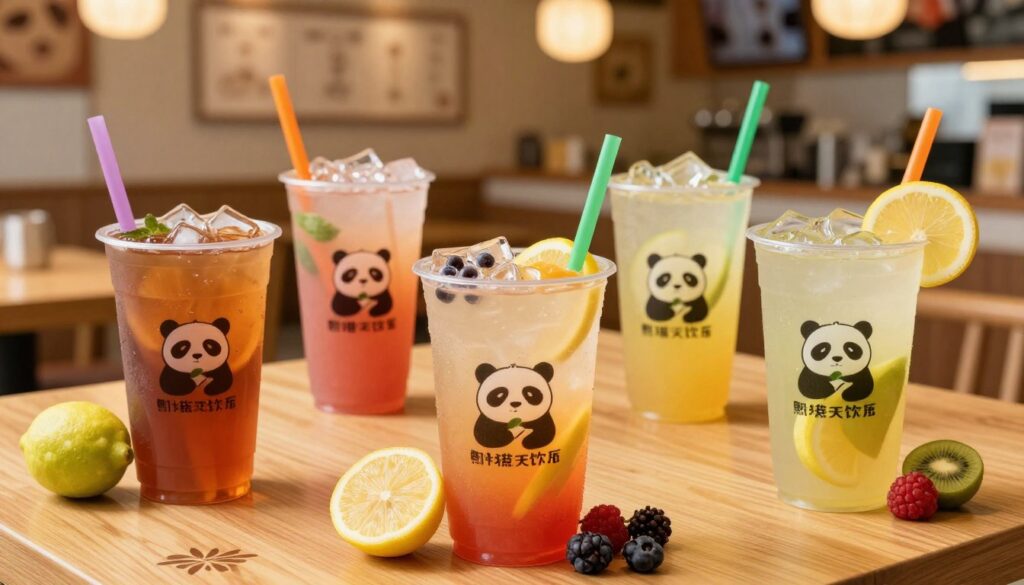 A vibrant and colorful display of Panda Express drinks, featuring a selection of their signature beverages, such as refreshing iced teas, fruit-flavored lemonades, and classic soft drinks. The foreground showcases three drinks in clear cups with colorful straws, each adorned with fresh fruits like lemons and berries. The middle ground includes a wooden table adorned with subtle Asian-inspired decorative elements. In the background, a softly blurred Panda Express restaurant interior is visible, imbued with warm, inviting lighting. The image captures a cheerful and casual atmosphere, conveying the essence of enjoying delicious beverages at Panda Express. The scene is shot with a slight overhead angle to highlight the drinks prominently while maintaining a cozy vibe.