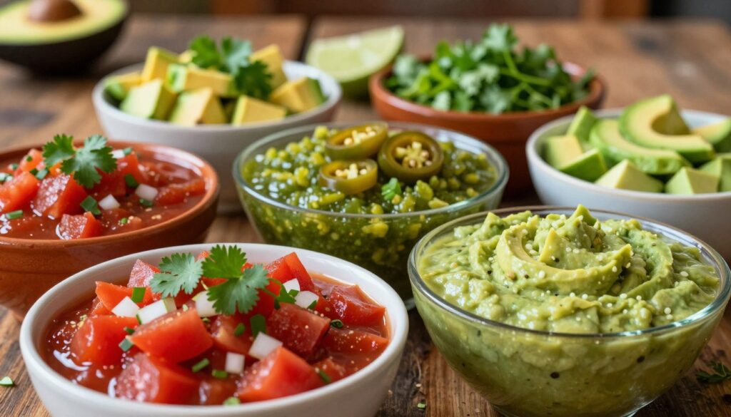 A vibrant and colorful display of various salsas in bowls, showcasing a variety of textures and ingredients. In the foreground, a deep red tomato salsa with chunks of onion and cilantro, a bright green salsa verde made with tomatillos and jalapeños, and a smooth, creamy avocado salsa. The middle ground features assorted toppings like diced avocados, fresh cilantro, and slices of lime, inviting the viewer to combine flavors. The background is a rustic wooden table setting, softly lit by warm, ambient lighting, creating a cozy atmosphere. The lens captures everything with a slight depth-of-field effect, ensuring the focus remains on the vibrant colors and textures of the salsas and toppings. The overall mood is fresh, appetizing, and inviting, perfect for showcasing delicious options.