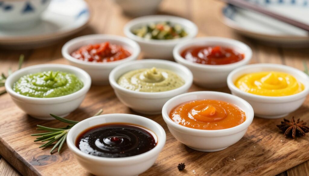 A vibrant and enticing close-up of a variety of colorful sauces arranged elegantly on a rustic wooden table. The foreground showcases a small white bowl filled with a glossy orange sauce, glistening under soft, warm lighting. Beside it, a rich dark sauce is poured artfully, creating a beautiful contrast. The middle ground features additional bowls of exotic sauces in vivid shades of green, red, and yellow, each labeled subtly with fresh herbs and spices around them. The background fades softly into a blurred view of an Asian-inspired restaurant setting, hinting at chopsticks and decorative plates. The overall atmosphere is inviting and mouthwatering, evoking a sense of culinary adventure. Capture this scene with a slight top-down angle to highlight the textures and colors of the sauces, ensuring a bright, cheerful mood.