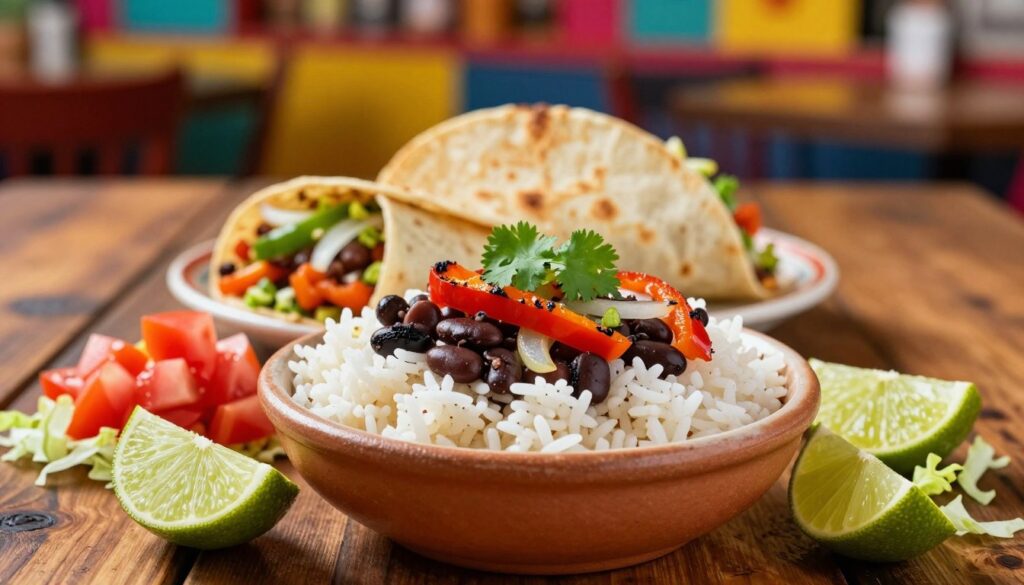 A vibrant and mouthwatering assortment of ingredients for a Chipotle-style burrito, centered in the foreground. Showcase a generously filled bowl featuring fluffy white rice, black beans, grilled bell peppers, and onions, garnished with fresh cilantro. Include ingredients like diced tomatoes, shredded lettuce, and zesty lime wedges artistically arranged around the bowl. In the middle ground, display a warm, soft tortilla ready to be filled, with a rustic wooden table providing a cozy atmosphere. The background should be softly blurred, hinting at a colorful Mexican restaurant setting with warm lighting. Use a shallow depth of field to emphasize the freshness of the ingredients, creating an inviting and appetizing scene that inspires viewers to build their perfect burrito.