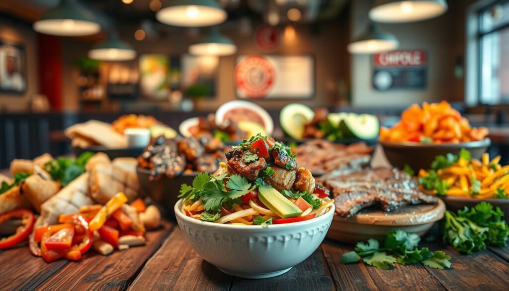 A vibrant, appetizing display of various protein options, including grilled chicken, steak, barbacoa, carnitas, and sofritas, arranged artistically on a rustic wooden table. In the foreground, a close-up focus on a colorful bowl with layers of protein and fresh toppings like avocado, pico de gallo, and cilantro, emphasizing texture and freshness. The middle ground features additional bowls and ingredients, creating a visual feast, all bathed in warm, inviting light. In the background, blurred images of a Chipotle restaurant interior add context without distraction. The atmosphere is lively and inviting, conveying the excitement of choosing a protein that matches both taste and dietary goals, captured from a slightly elevated angle to enhance the presentation.