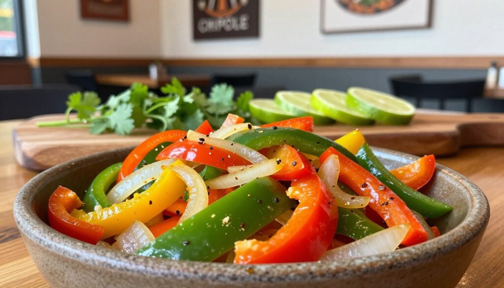 A vibrant arrangement of Chipotle Mexican Grill's fajita veggies, featuring colorful bell peppers and onions sautéed to perfection. In the foreground, showcase a generous portion of these veggies in a rustic ceramic bowl, glistening from their light sheen of oil, with small flecks of spices visible. The middle ground should present a wooden serving board, adorned with slices of fresh lime and scattered cilantro leaves to enhance the freshness. The background should be a softly lit restaurant setting, with hints of Chipotle's signature decor like simple wood accents and minimalistic artwork, creating a warm and inviting atmosphere. The image should be captured from a slightly elevated angle, emphasizing the freshness and vibrant colors of the vegetables, with a warm, natural light bathing the scene to enhance the appetizing look.
