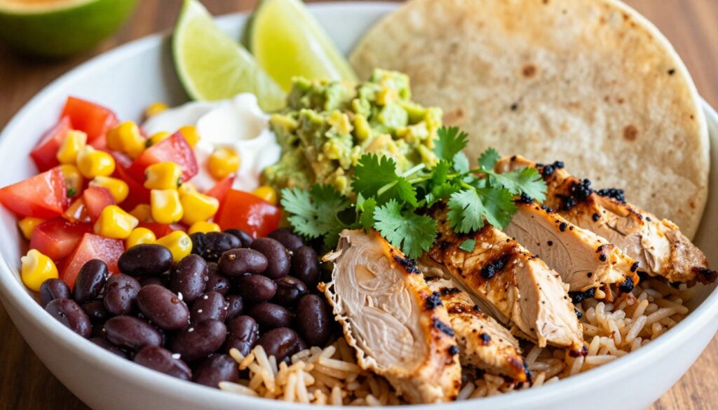 A vibrant arrangement of a Chipotle burrito bowl, showcasing a variety of fresh, colorful ingredients. In the foreground, there are layers of perfectly cooked brown rice and black beans, topped with succulent grilled chicken and vibrant green cilantro. The middle layer features a mix of diced tomatoes and corn salsa, adding a burst of color, alongside creamy guacamole and tangy sour cream dollops. In the background, a soft-focus tortilla and a sprinkle of lime wedges set the scene, enhancing the overall presentation. The lighting is warm and natural, with a slight sheen on the ingredients, creating an inviting atmosphere. Shot from a slightly elevated angle to capture the bowl's depth and texture, evoking a sense of freshness and excitement around building your perfect meal.