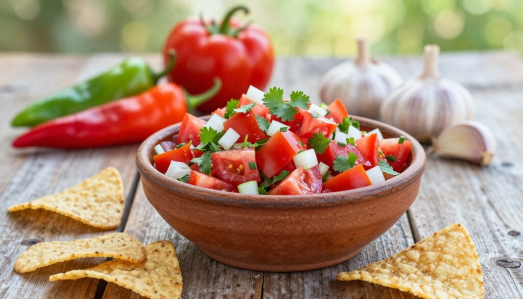 A vibrant arrangement of fresh tomato salsa in a rustic ceramic bowl, placed on a weathered wooden table. The salsa features diced ripe red tomatoes, finely chopped onions, fresh cilantro, and lime juice glistening invitingly. In the foreground, a few tortilla chips lie artistically scattered around the bowl, adding texture. In the middle background, a few colorful peppers and cloves of garlic are artfully arranged to enhance the scene. The background is softly focused, featuring a blurred outdoor setting with hints of greenery, suggesting freshness. Soft, natural daylight filters through, creating a warm and inviting atmosphere. The composition should evoke a sense of freshness and deliciousness, perfect for a culinary article.