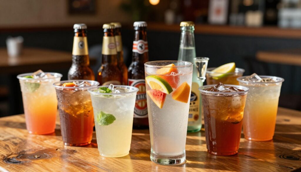 A vibrant assortment of drink items displayed elegantly on a rustic wooden table to highlight the variety found at Chipotle. In the foreground, a tall, frosted glass filled with refreshing fruit-infused water glistens in natural light, surrounded by colorful plastic cups showcasing soft drinks and iced tea. In the middle ground, a few beer bottles are arranged neatly, their labels clearly visible, with a shot glass beside them filled with clear liquor. The background features a blurred restaurant setting, hinting at a warm, inviting atmosphere with soft bokeh lights. A golden hour lighting casts a warm glow, enhancing the fresh and appetizing appearance of the drinks. The overall mood conveys enjoyment and togetherness, perfect for a casual dining experience.