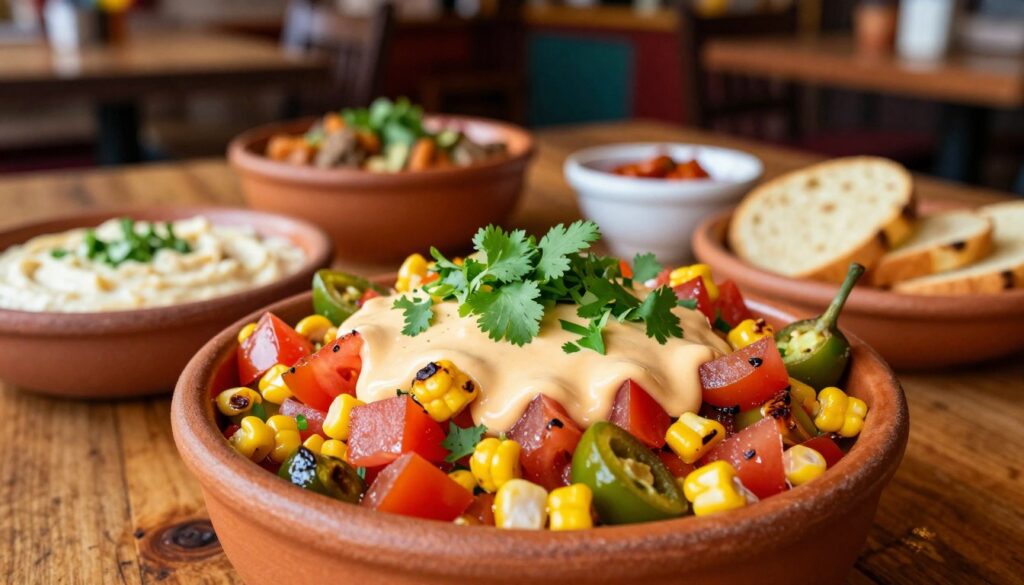 A vibrant bowl of queso roasted chili-corn salsa sits in the foreground, overflowing with colorful diced tomatoes, roasted corn, and green chilies, glistening with a layer of creamy queso on top. The salsa is garnished with freshly chopped cilantro, giving it a lively pop of green. In the middle ground, a rustic wooden table showcases various dips and sides, emphasizing the casual dining atmosphere. The background features a softly blurred, dimly lit Mexican restaurant setting, with warm tones that invite a cozy, friendly vibe. Bright, natural lighting highlights the freshness of the ingredients, creating an inviting and appetizing mood. The scene captures the essence of Chipotle's unique and flavorful off-menu side hacks.