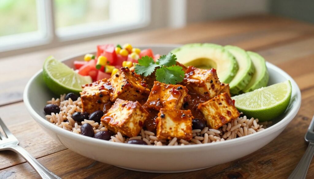 A vibrant bowl of sofritas tofu, styled as a visually appealing dish for a vegan menu. In the foreground, showcase the sofritas tofu, marinated in a rich, spicy sauce, crumbling warmly atop a bed of brown rice and black beans, garnished with fresh cilantro and lime wedges. In the middle ground, elements like diced tomatoes, corn salsa, and avocado slices add color and freshness. The background features a rustic wooden table setting, with soft, natural daylight flooding in from a nearby window, creating a warm and inviting atmosphere. The lens focus should be slightly shallow, emphasizing the dish while softly blurring the background, conveying a fresh and appetizing mood that highlights the essence of vegan dining.