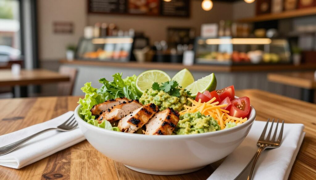 A vibrant burrito bowl filled with fresh, keto-friendly ingredients, with zesty lime wedges and a sprinkle of cilantro on top. In the foreground, a beautifully crafted bowl featuring marinated grilled chicken, chopped romaine lettuce, diced tomatoes, shredded cheese, and creamy guacamole. The middle layer showcases a wooden table setting with subtle textures, with a clean white napkin and rustic silver fork resting beside the bowl. In the background, a softly blurred display of Chipotle restaurant decor, emphasizing a warm, inviting atmosphere with warm lights and earthy colors. The composition is shot using a shallow depth of field, focusing sharply on the burrito bowl, with natural light enhancing the freshness of the ingredients. The overall mood is appetizing and enticing, perfect for food enthusiasts.