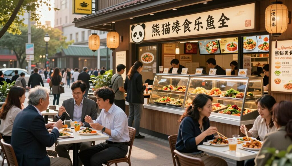 A vibrant city street scene showcasing a bustling Panda Express location, filled with bright signage and decorative elements that reflect its Asian-inspired cuisine. In the foreground, a diverse group of people dressed in professional business attire and modest casual clothing engage in conversation and enjoy their meals. In the middle ground, a busy entrance displays a variety of colorful vegan dishes presented appetizingly in clear display cases, enticing passersby. The background features a lively urban landscape, with city buildings and greenery, embodying a sense of community. The lighting is warm and inviting, capturing the late afternoon sun, with a soft focus to emphasize the lively atmosphere. The overall mood conveys excitement and accessibility of vegan options in a popular fast-casual dining space.
