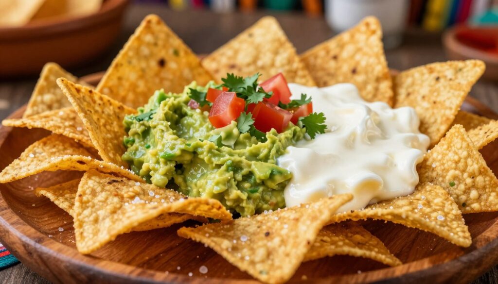 A vibrant, close-up image of a wooden platter featuring a generous serving of golden, crispy tortilla chips surrounded by creamy guacamole and rich queso blanco. The foreground showcases the chips, beautifully arranged with a mixture of textures and colors, glistening with a hint of salt. In the middle, the guacamole is smooth and green, speckled with diced tomatoes and cilantro, while the queso blanco is a luscious, melted white cheese, bubbling slightly at the edges. The background should be softly blurred, hinting at a cozy restaurant ambiance with warm lighting, perhaps with decorative Mexican-themed elements gently fading into view. The overall atmosphere conveys a delicious and inviting meal, perfect for sharing among friends.
