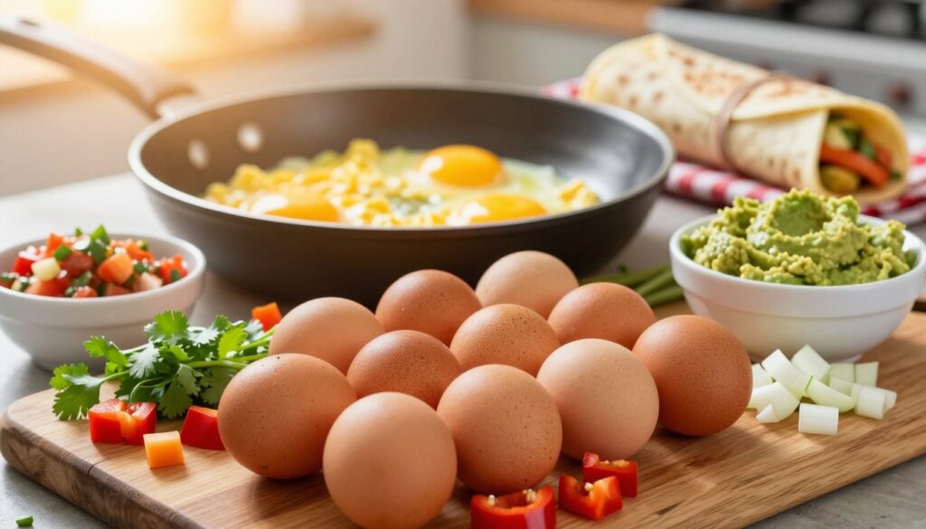 A vibrant, close-up image showcasing an array of fresh ingredients for a Chipotle breakfast. In the foreground, a rustic wooden cutting board displays a dozen farm-fresh eggs, their shells glistening and speckled. Surrounding them are colorful diced vegetables like red bell peppers, vibrant green cilantro, and chopped onions, along with a bowl of creamy guacamole and a small jar of salsa. In the middle, a skillet with a gentle sizzle reveals freshly scrambled eggs under soft, warm morning light streaming in from the left, creating an inviting golden glow. The background features a simple kitchen setting with soft-focus on breakfast burritos wrapped in a checkered cloth. The mood is cozy and energizing, perfect for a delightful morning meal.