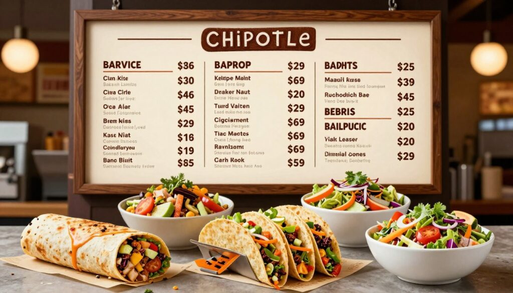 A vibrant, colorful representation of a Chipotle menu showcasing prices for 2026. In the foreground, display a neatly arranged assortment of menu items including burritos, bowls, tacos, and salads, each with visually appealing ingredients. The middle layer features a stylized menu board, elegantly designed, highlighting the prices next to each item in an organized manner. The background includes a subtle hint of the Chipotle restaurant interior, with warm lighting casting a welcoming glow. Use a shallow depth of field to draw focus to the menu items while softening the background. The atmosphere is inviting yet professional, reflecting the brand's identity, with a clear emphasis on freshness and quality in food presentation.