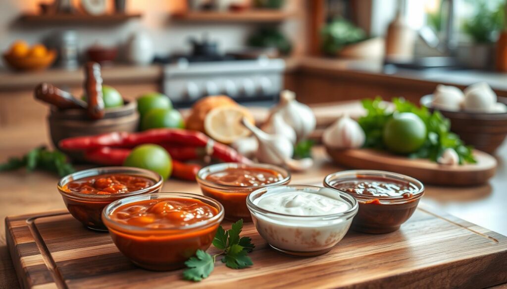 A vibrant culinary scene showcasing various chipotle sauce flavor variations. In the foreground, an elegant wooden cutting board displays small bowls filled with smoky, spicy, tangy, and sweet chipotle sauces, each with distinct textures and colors. The middle ground features fresh ingredients such as whole chipotle peppers, limes, garlic cloves, and herbs artfully arranged, creating a sense of abundance. The background includes a softly blurred kitchen setting with warm, inviting lighting, emphasizing a cozy and creative cooking atmosphere. A shallow depth of field focuses on the sauces, highlighting their rich, glossy appearance. The overall mood is warm and inspiring, perfect for capturing the essence of culinary exploration in chipotle sauce making.