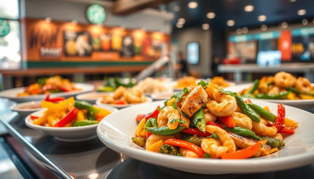 A vibrant display of a variety of "Wok Smart" options from Panda Express, showcasing colorful vegetables like bell peppers, broccoli, and snap peas stir-fried with lean proteins such as grilled chicken and shrimp. The foreground features a pristine white plate with a portion of steamy, healthy stir-fry garnished with fresh herbs. In the middle ground, there are several small bowls with dipping sauces and sides like brown rice and steamed vegetables. The background is a well-lit, modern restaurant setting with a warm ambiance, accentuated by soft, diffused lighting that creates a welcoming atmosphere. A slightly elevated angle captures the dish artfully, highlighting its nutritious ingredients. The mood is fresh and inviting, emphasizing healthy eating choices in a lively environment.