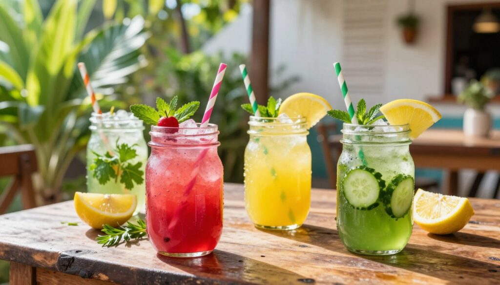 A vibrant display of aguas frescas in a colorful setting, featuring a variety of drinks in glass jars. In the foreground, there are three glasses filled with refreshing aguas frescas: a bright pink hibiscus drink, a sunny yellow lemon-lime blend, and a vibrant green cucumber-mint cooler, garnished with fresh fruit slices and herbs. The middle ground showcases a rustic wooden table setting surrounded by tropical plants and colorful paper straws, giving an inviting feel. The background features a soft-focus of a sunny, outdoor patio with a gentle breeze rustling the leaves. Natural sunlight illuminates the scene, creating a warm and refreshing atmosphere, ideal for a summery beverage experience.