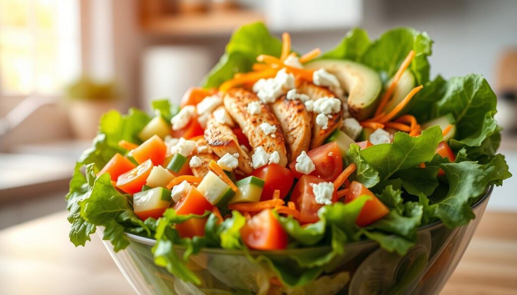 A vibrant, fresh salad bowl overflowing with colorful ingredients, prominently featuring crisp greens like romaine and spinach as the base. The foreground showcases diced tomatoes, sliced cucumbers, and shredded carrots, artfully arranged for visual appeal. In the middle layer, grilled chicken strips and a sprinkle of feta cheese add texture and flavor, while avocado slices provide a creamy contrast. The background features a softly blurred kitchen setting, with natural light streaming through a window, casting a warm glow on the ingredients. The atmosphere is inviting and healthy, encouraging a sense of freshness and vitality, perfect for a lower-calorie meal option. The image is composed with a close-up angle to enhance the details of the textures and colors, ensuring a mouth-watering presentation.