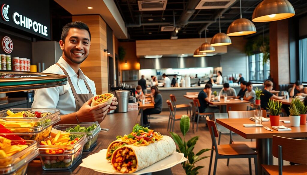 A vibrant, inviting Chipotle restaurant interior, showcasing a busy service counter with colorful ingredients displayed in fresh, clear containers. In the foreground, a smiling staff member in a crisp Chipotle uniform carefully prepares a delicious chicken pastor burrito, full of vibrant colors and fresh toppings. The middle ground features a neat arrangement of customers enjoying their meals at modern, wooden tables surrounded by plants and contemporary decor. In the background, the open kitchen with chefs at work creates an energetic atmosphere, with warm lighting enhancing the welcoming ambiance. The angle captures a dynamic view that draws the eye towards the food preparation, emphasizing freshness and community. This scene reflects a bustling yet organized dining experience.