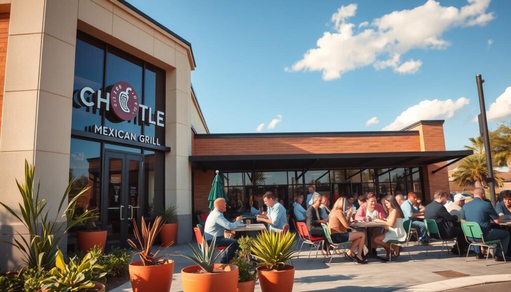 A vibrant, inviting exterior view of a Chipotle Mexican Grill restaurant during daylight, showcasing its modern architecture with a sleek glass facade and a prominent sign. In the foreground, a well-kept patio area surrounded by potted plants and colorful outdoor seating is visible, hinting at an atmosphere of casual dining. The middle ground includes people of diverse backgrounds enjoying their meals at outdoor tables, dressed in smart casual attire, reflecting a community vibe. The background features a clear blue sky with a few fluffy clouds, enhancing the cheerful atmosphere. Soft, warm sunlight bathes the scene, creating pleasant shadows that add depth. The overall mood is welcoming and lively, perfect for a busy holiday lunch crowd.