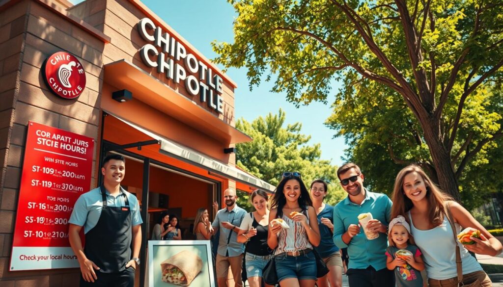 A vibrant, inviting image of a Chipotle restaurant storefront during the summer season, showcasing a variety of people coming and going at different hours. In the foreground, a friendly employee in a Chipotle uniform stands beside a sign displaying varying store hours, indicating "Check your local hours!" The middle ground includes diverse customers of various ages, all enjoying their meals – a group of friends laughing, a couple taking a selfie, and a family with children happily holding burritos. The background features a sunny, clear blue sky and green foliage, with trees framing the restaurant for a lively atmosphere. The warm lighting captures the essence of a July day, evoking a sense of community and accessibility. Capture this scene using a slight wide-angle lens to emphasize the bustling environment around the restaurant.
