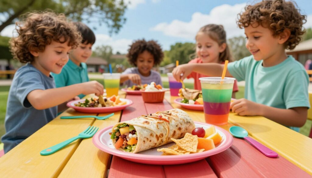 A vibrant kids meal layout featuring a colorful Chipotle kids menu plate, showcasing a small burrito, a side of fresh fruit, and mini tortilla chips. In the foreground, the plate is placed on a bright, cheerful picnic table, surrounded by playful utensils and a colorful cup filled with a refreshing beverage. In the middle ground, a few playful kids, dressed in modest casual clothing, are joyfully reaching for their meals with smiles, emphasizing a fun dining atmosphere. The background includes a sunny outdoor setting with trees and a bright blue sky, creating a warm, inviting feel. The lighting is soft and natural, enhancing the happiness of the scene, captured with a wide-angle lens for an immersive effect.
