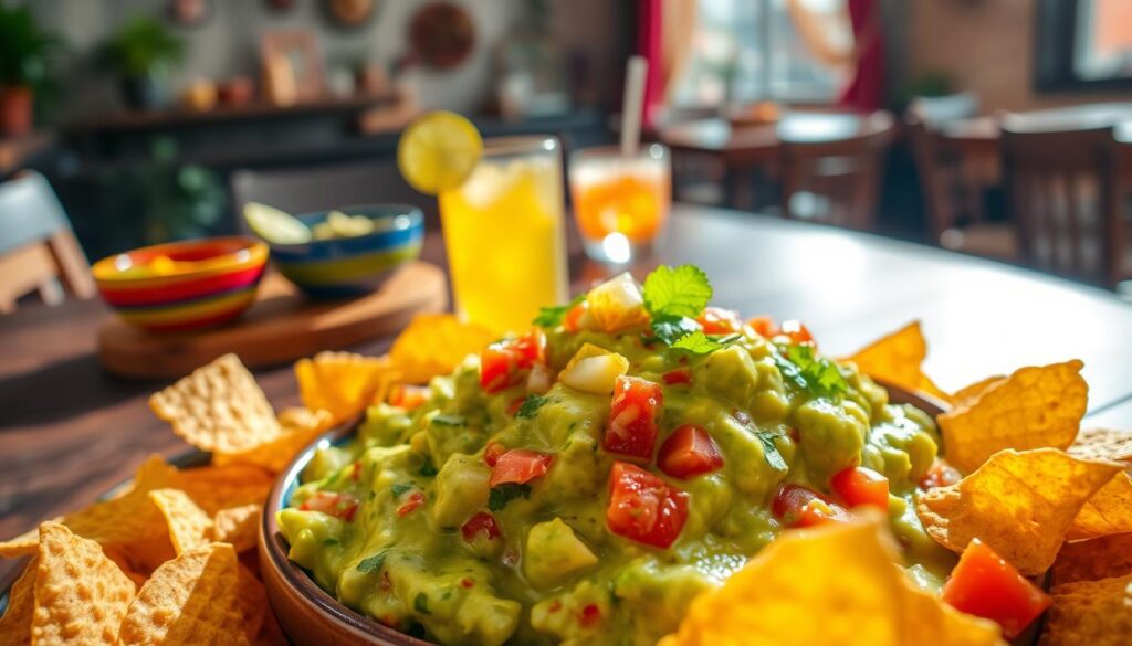 A vibrant, mouthwatering bowl of fresh guacamole takes center stage, surrounded by crispy tortilla chips and a sprinkle of lime zest. In the foreground, the guacamole is creamy with visible chunks of ripe avocado, diced tomatoes, onions, and cilantro, glistening temptingly under bright, natural light. The middle ground features an inviting rustic wooden table, with a few colorful ceramic bowls and a refreshing drink in a glass. In the background, a subtle hint of a Mexican-themed restaurant ambiance, with soft warm lighting and decorative elements that evoke a festive atmosphere. The composition is captured with a close-up angle, focusing on the textures of the guacamole and chips, creating a sense of indulgence and celebration, perfect for enhancing the theme of rewards and enjoyment.