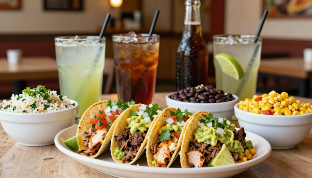 A vibrant, well-arranged spread showcasing Chipotle menu pairings with tacos. In the foreground, a variety of colorful tacos filled with fresh ingredients like grilled chicken, carne asada, and guacamole, accented by toppings of salsa, diced onions, and cilantro. Beside the tacos, bowls of classic sides such as cilantro-lime rice, black beans, and fresh corn salsa add to the visual appeal. In the middle ground, glasses of refreshing drinks like iced limeades and bottled sodas complement the meal. The background features a blurred Chipotle restaurant interior, warm lighting illuminating the scene, with a focus on natural textures. The overall mood is inviting and appetizing, creating a sense of casual dining enjoyment.