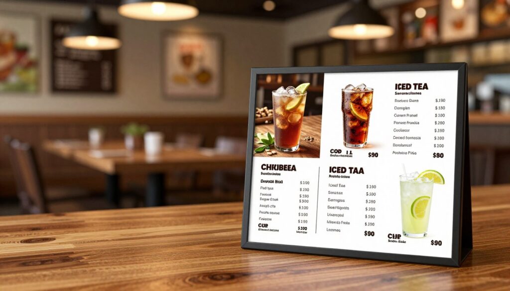A visually appealing display of a Chipotle drink menu featuring various beverage options with prices and calorie counts, presented in a clean and organized manner. The foreground includes vibrant images of popular drinks like soda, iced tea, and lemonade, each accompanied by their respective price tags and calorie information. In the middle ground, a stylish wooden table setting enhances the atmosphere, reflecting a cozy restaurant vibe. The background can feature blurred images of Chipotle's restaurant interior, with warm lighting illuminating the scene from above, creating a welcoming ambiance. The lens should capture the arrangement at a slight angle for depth, emphasizing the menu items beautifully without any text overlays or distractions. The overall mood is casual and inviting, suitable for showcasing Chipotle's drink offerings.
