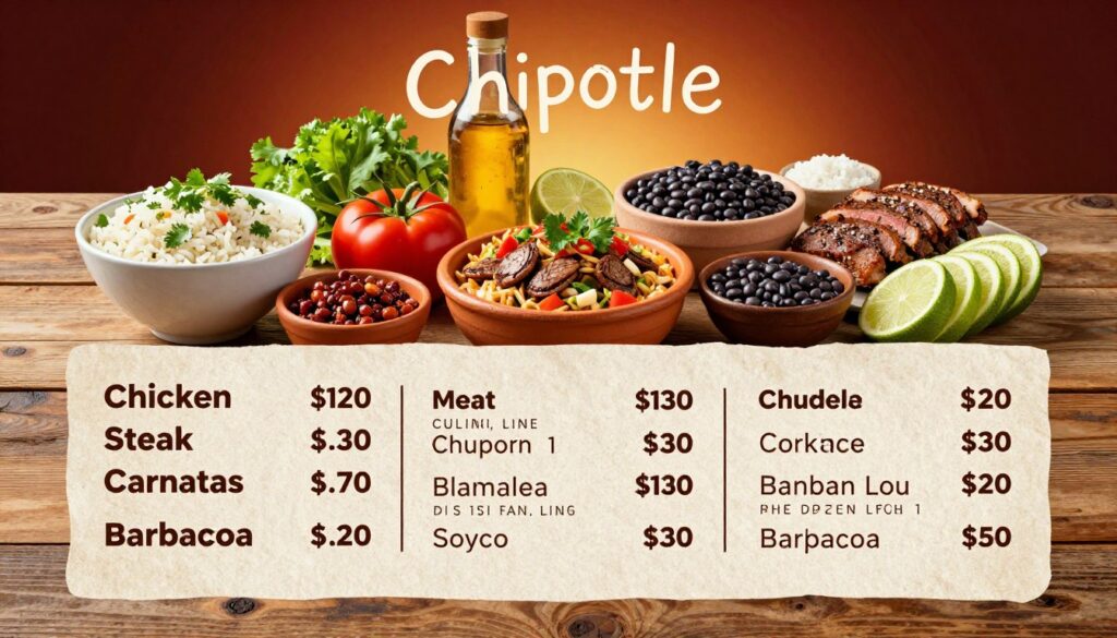A visually appealing representation of a Chipotle menu featuring prices for meat and protein choices, displayed artistically on a rustic wooden table. In the foreground, a neatly arranged list highlights various meats like chicken, steak, carnitas, and barbacoa with their corresponding prices, all in a clean, modern font. The middle ground houses an array of vibrant, fresh ingredients associated with Chipotle, such as cilantro-lime rice, black beans, and toppings, adding color and context to the menu. The background features a subtle warm gradient to evoke a lively atmosphere, illuminated by soft, ambient lighting that enhances the freshness of the food. The composition conveys a welcoming, appetizing mood, perfect for an article focused on Chipotle’s meat options.